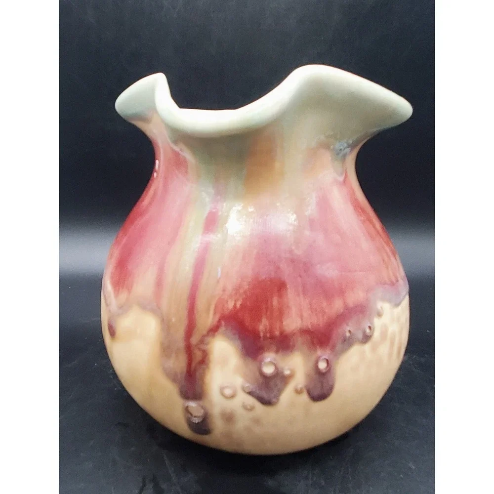 Handmade D. Lessar Studio Art Pottery‎ Red Tulip Pitcher Handmade Drip Glaze 7